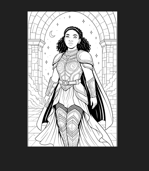 Black and white line art of a warrior woman with armor and cape. 