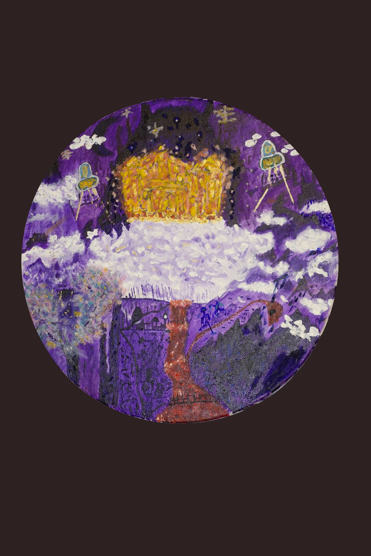 Circular artwork with a central figure in a purple and gold outfit, surrounded by abstract elements on a dark background.