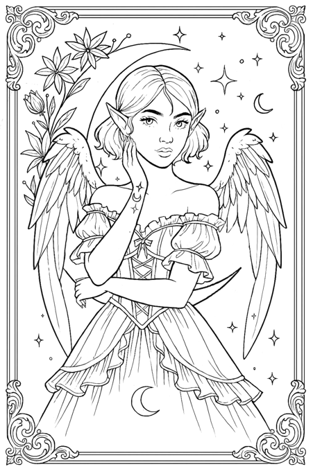 Coloring page of an angelic figure with wings and a dress, surrounded by decorative elements.