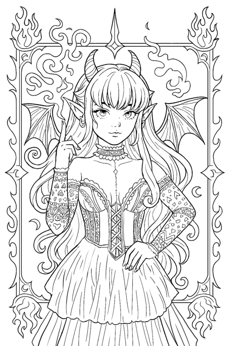 Line art of a fantasy character with intricate details on a decorative border