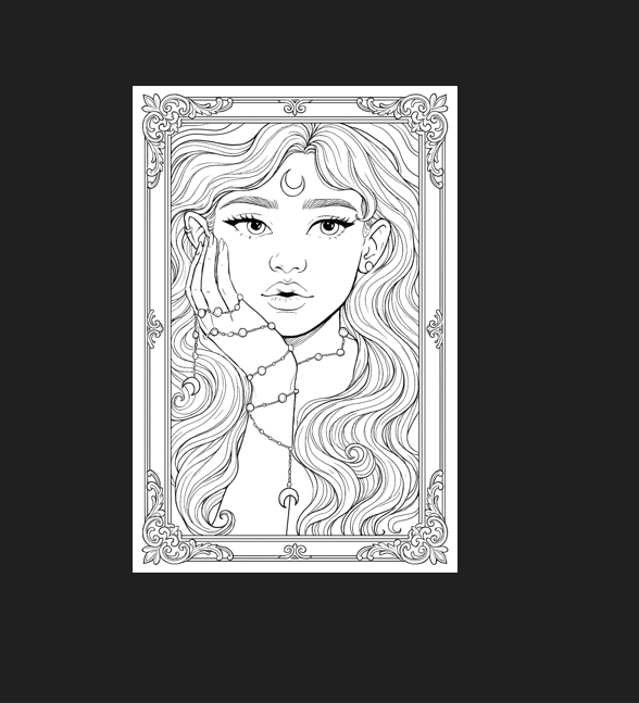Line art of a woman's face with intricate hair and jewelry detailed for coloring
