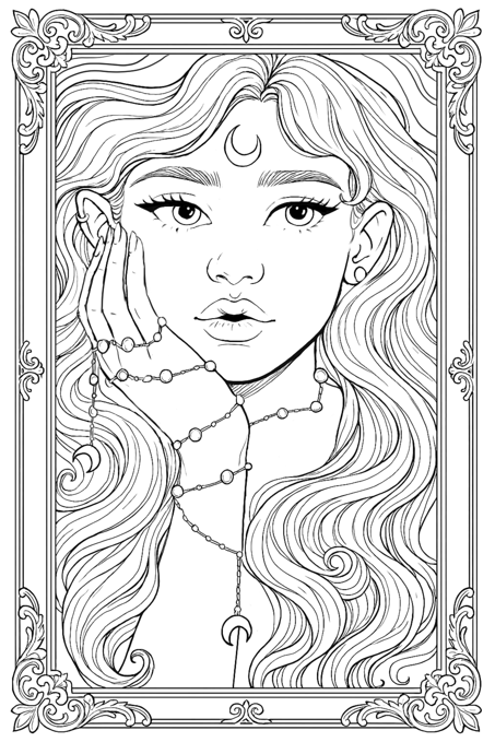 Line art of a woman's face with intricate details and decorative elements.