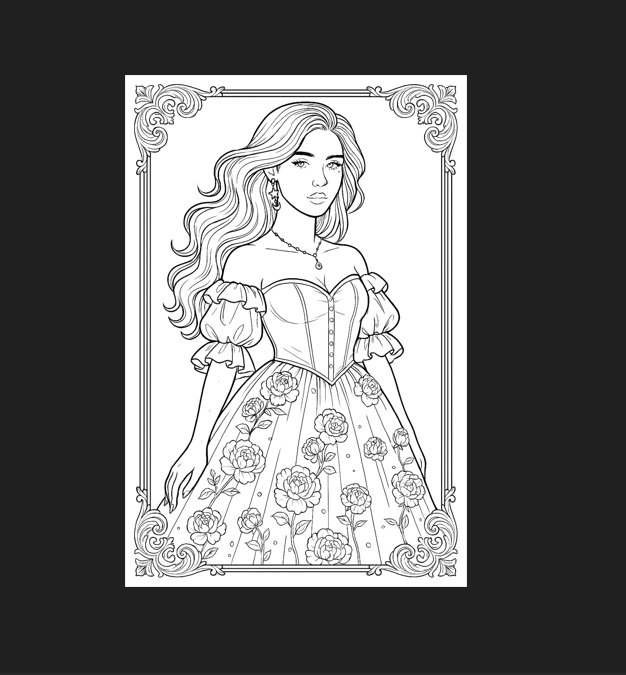 Line drawing of a woman in a floral dress with decorative frame for coloring