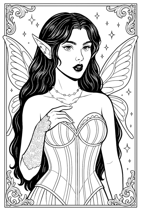 Black and white illustration of a fairy with detailed wings and lace corset.