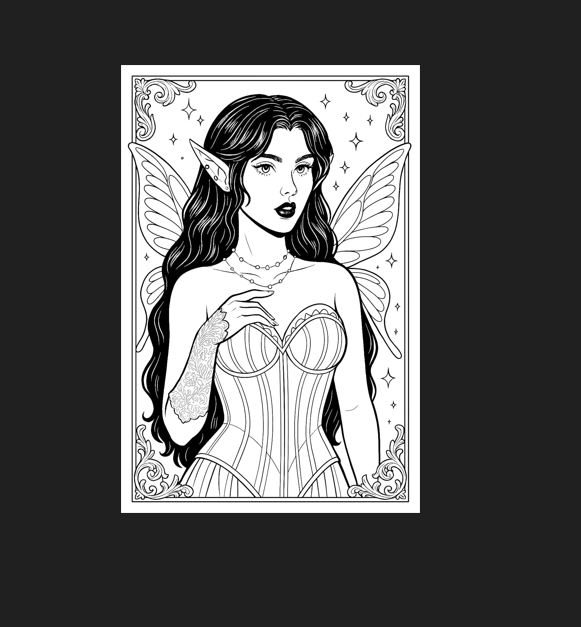 Line art of a fairy with intricate details for coloring. 